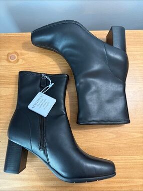 AEROSOLES Miley Black Faux Leather Block Heel Ankle Booties